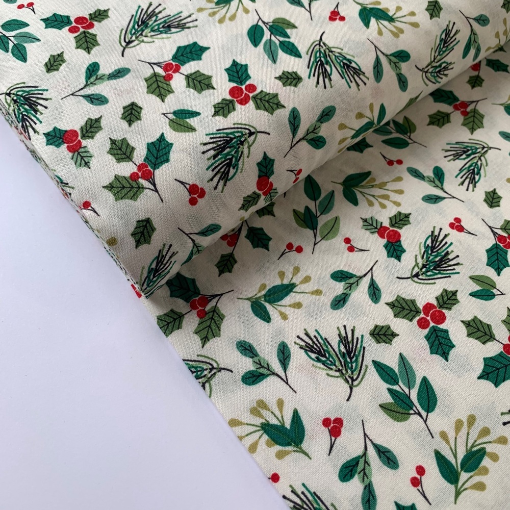 Rose and Hubble Fabrics - 100% Cotton Poplin Christmas Holly and Leaves Cre