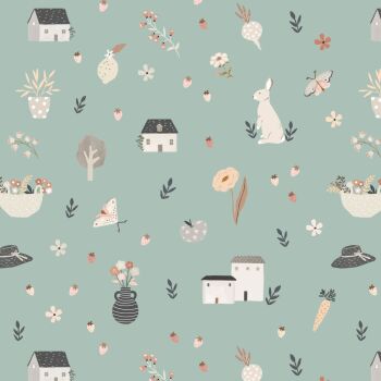 REMNANT 95CM X 110CM  Poppie Cotton - House and Home - Happy Home Green