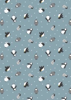 REMNANT 90CM X 110CM  - Lewis and Irene - Small Things Polar Animals - Penguins on Snow Blue with Pearl
