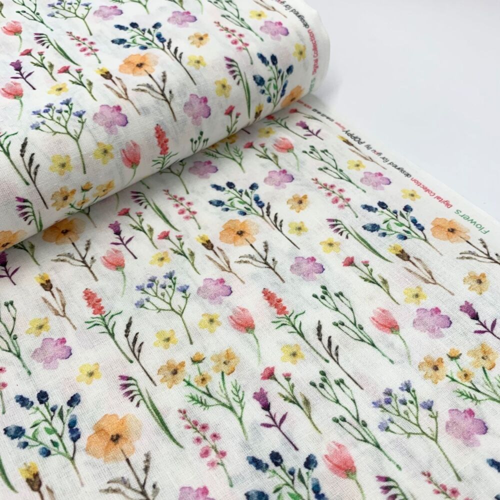 REMNANT 20CM X 140CM  Poppy Europe Fabrics - Flower Stems - White - Digital