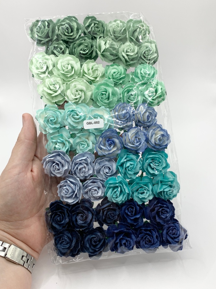 Mulberry Paper Flowers - Wild Roses 30mm  - Mixed Blue and Green Pack