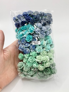Mixed Blue and Green Mulberry Paper Flowers Open Roses 20mm