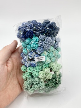Mixed Blue and Green Mulberry Paper Flowers Open Roses 15mm