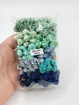 Mixed Blue and Green Mulberry Paper Flowers Open Roses 10mm