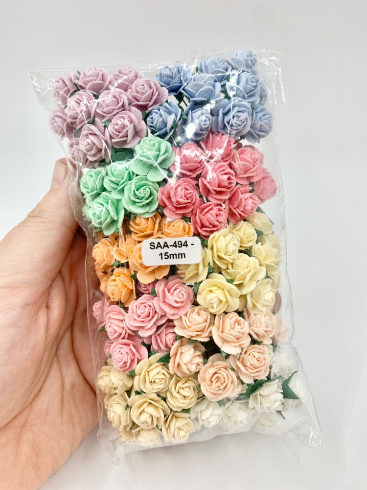 Mixed Pastel Mulberry Paper Flowers Open Roses 15mm