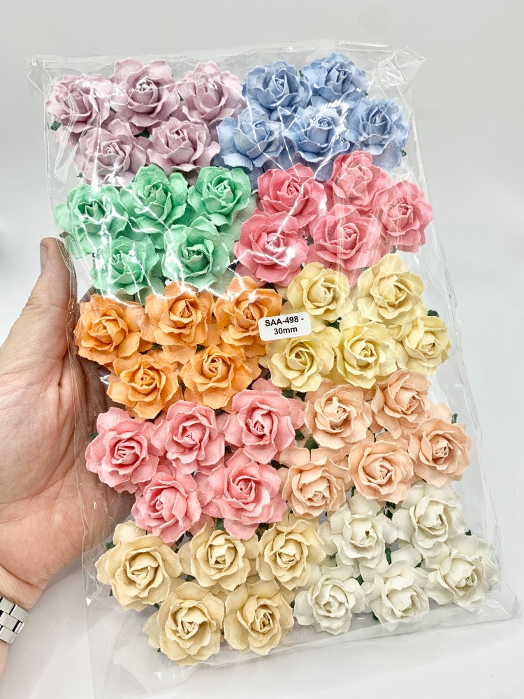 Mulberry Paper Flowers - Cottage Roses 30mm  - Mixed Pastel Pack