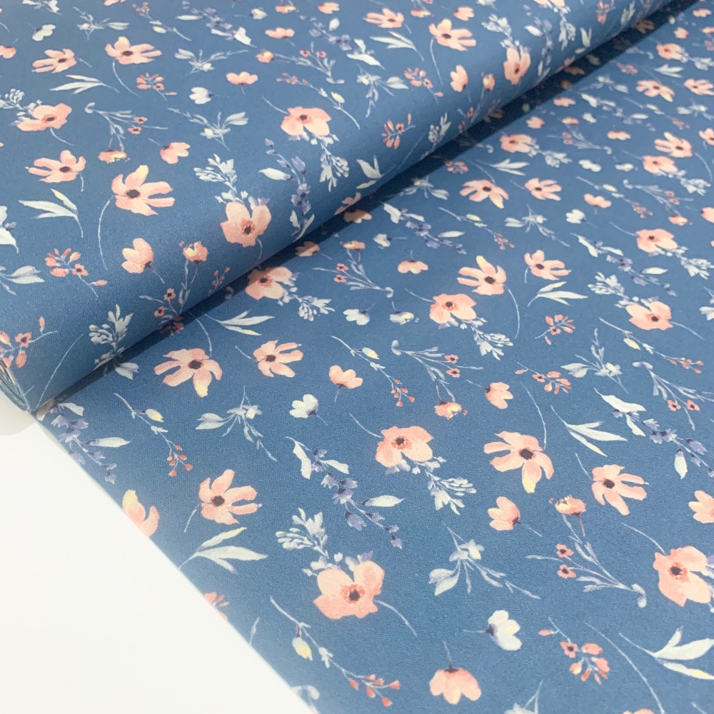 Poppy Europe Fabrics - Maeve Flowers - Dusky Blue - Digital Print