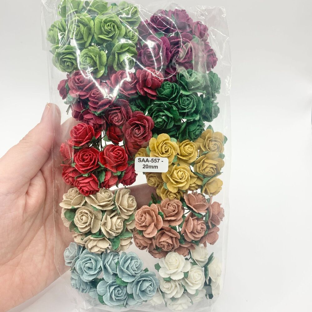 Mixed Christmas Mulberry Paper Flowers Open Roses 20mm