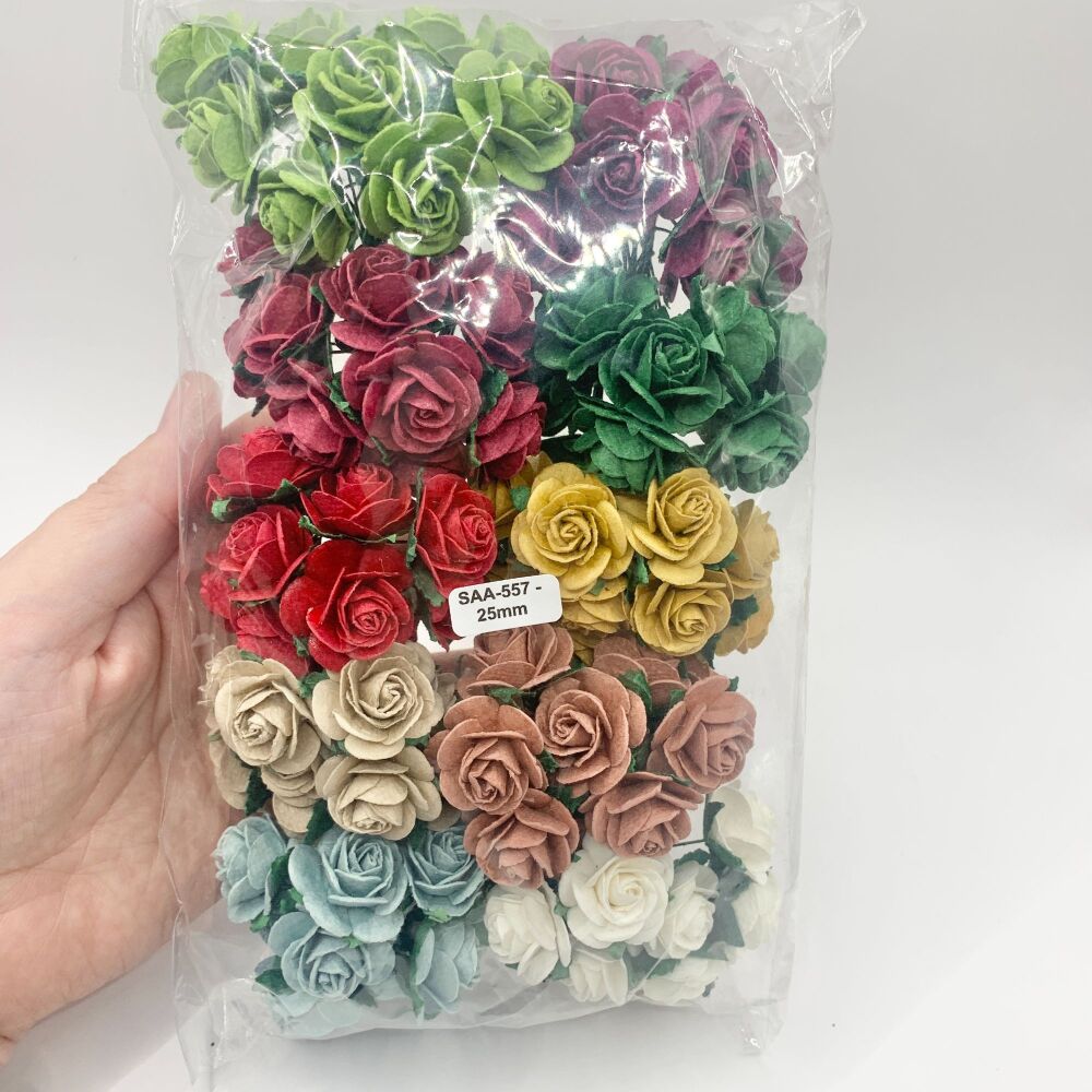 Mixed Christmas Mulberry Paper Flowers Open Roses 25mm