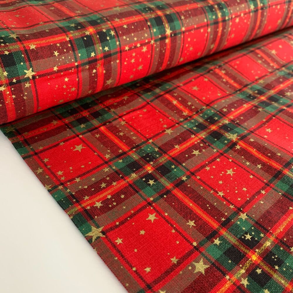 John Louden Fabrics - 100% Cotton Luxe Red Tartan Stars