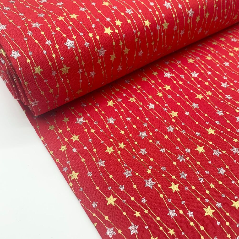 John Louden Fabrics - 100% Cotton Glitter Stars - Red