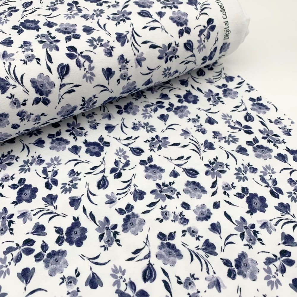 REMNANT 90CM X 140CM Jersey - Autumn Flowers Indigo
