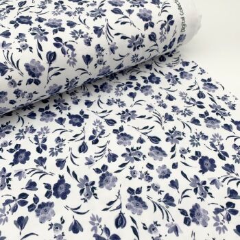 REMNANT 90CM X 140CM Jersey - Autumn Flowers Indigo