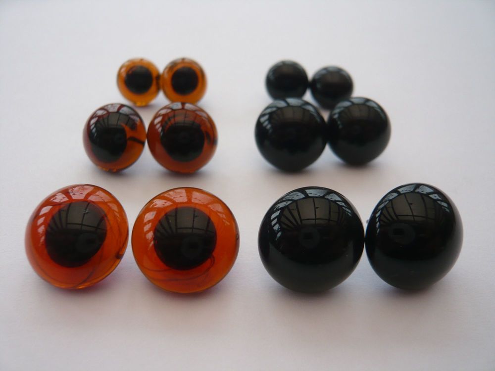3 x Pairs of Glass Eyes 10mm, 12mm & 14mm (Looped back easy to sew)