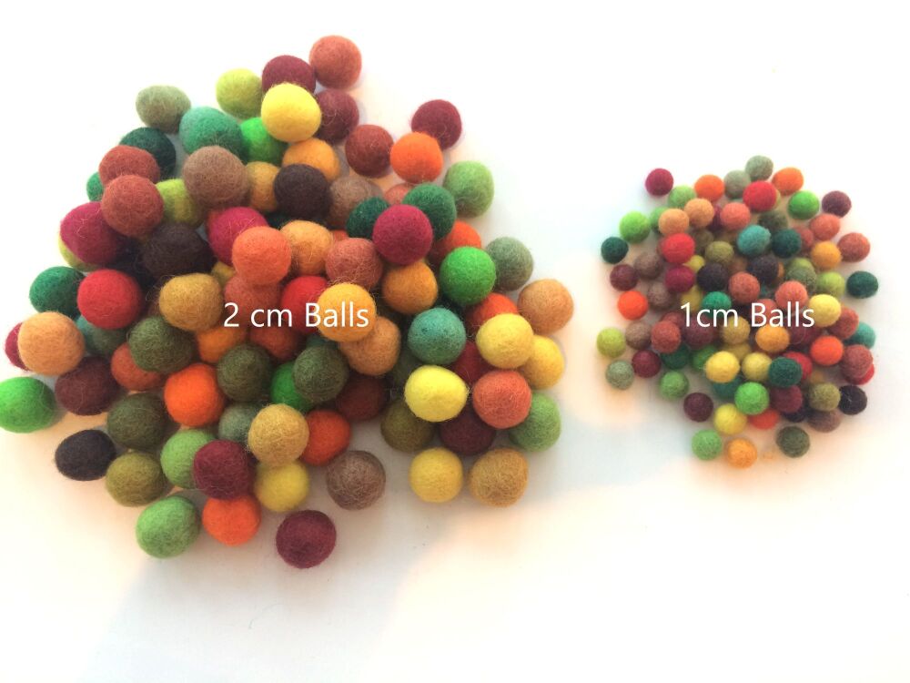 Handmade Felt Balls Any 2 colour mixes in 50 x 1cm + 50 x 2cm