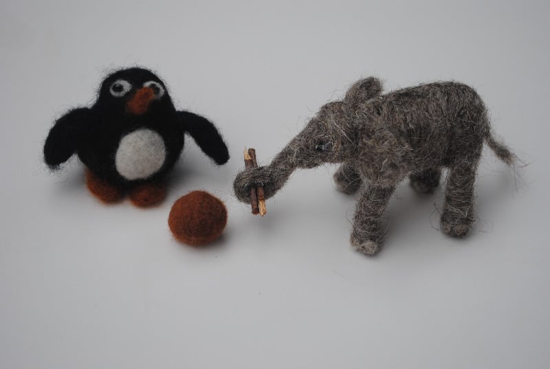 felted elephant and penguin