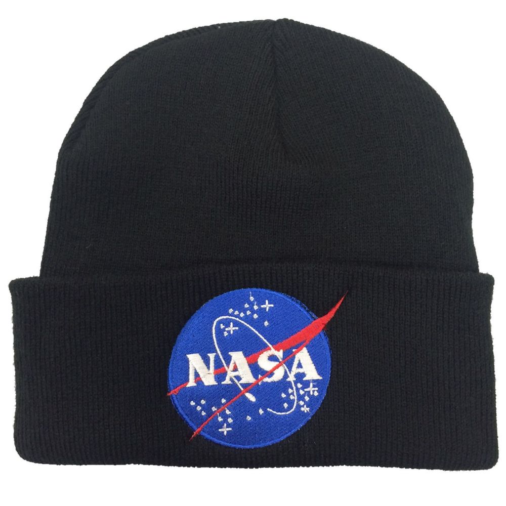 NASA Black Embroidered Beanie Astronaut Space Emblem Logo Unisex Winter Hat Cap