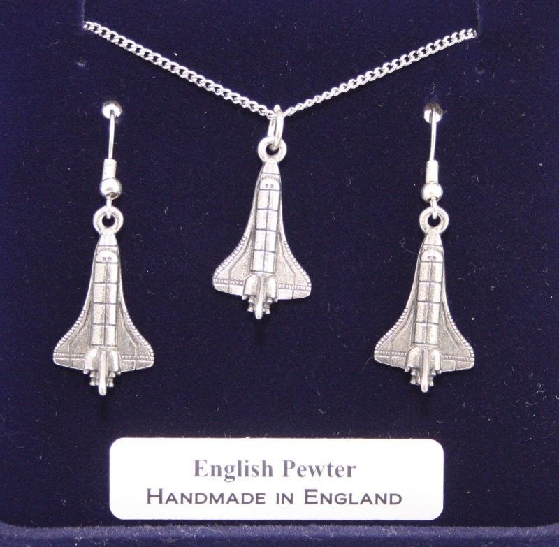 NASA Space Shuttle Necklace and Earrings Set in Quality Fine English Pewter Gift Boxed