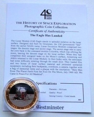 24ct Gold Plated Medallion Coin 1969 Moon Landing Eagle Apollo Rare