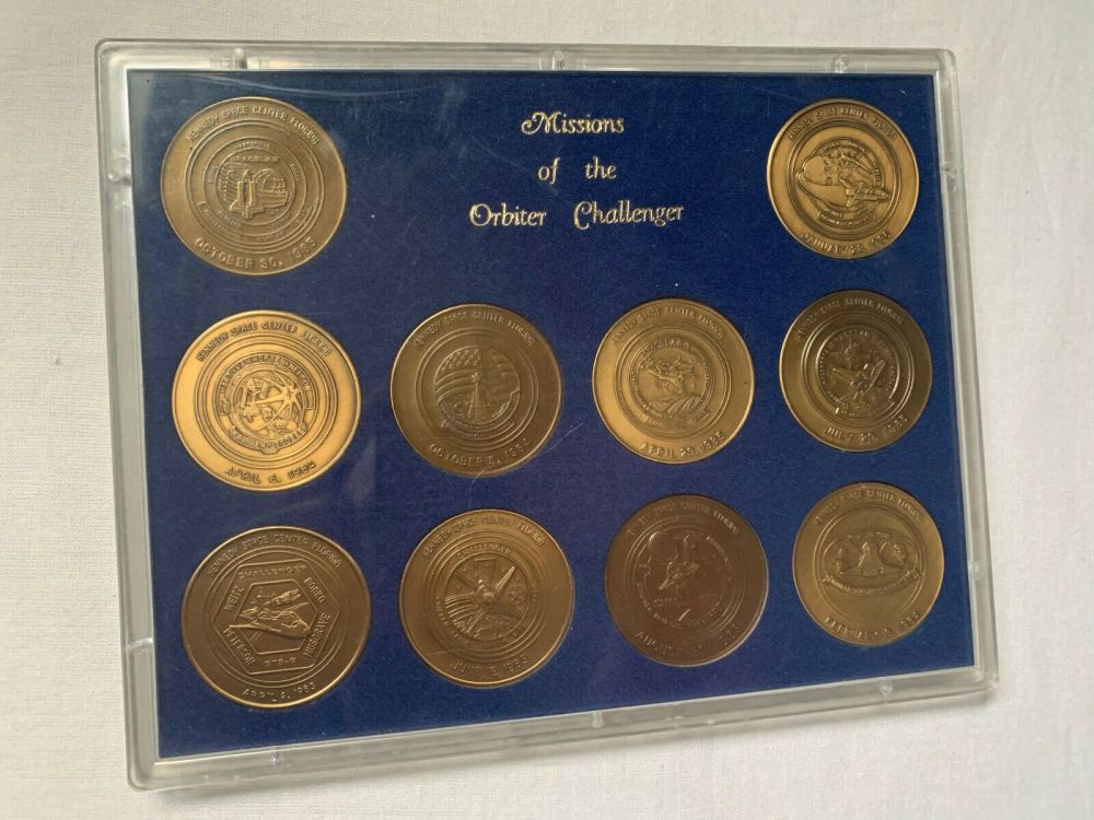 Challenger NASA Space Shuttle Missions Rare 10 Medallions Set In Display Case