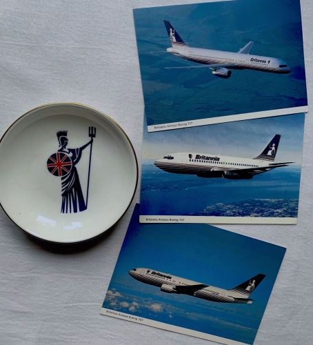 Britannia Airlines DIsh And Post Cards Set Aircraft Airplane