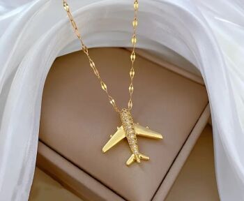 Aircraft Gold With Stones Necklace Pendant & Chain Aviation Airplane Plane