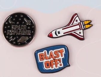 3 Set Space Explorer Saturn Pin Badges Shuttle Rocket Blast Off