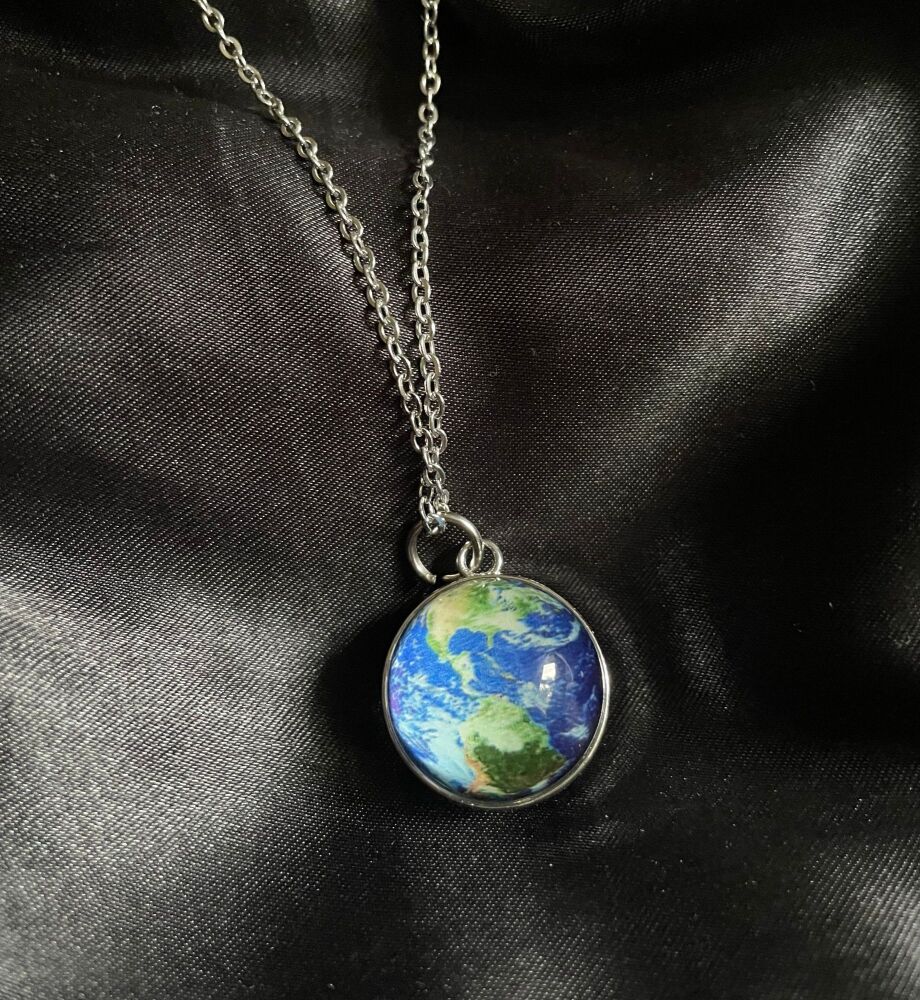 Planet Earth Glass Sphere Necklace On Stainless Steel Chain