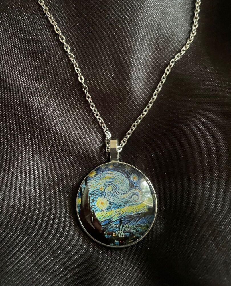 Vincent Van Gogh Starry Night Glass Front Pendant Necklace On Stainless Steel Chain