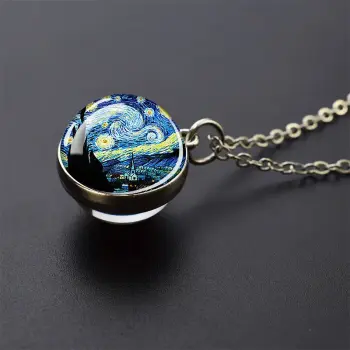 Vincent Van Gogh Starry Night Glass Sphere Pendant Necklace On Stainless Steel Chain