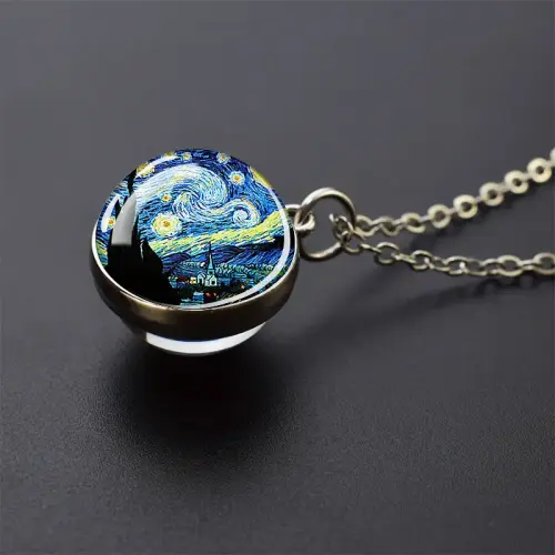 Vincent Van Gogh Starry Night Glass Sphere Pendant Necklace On Stainless St