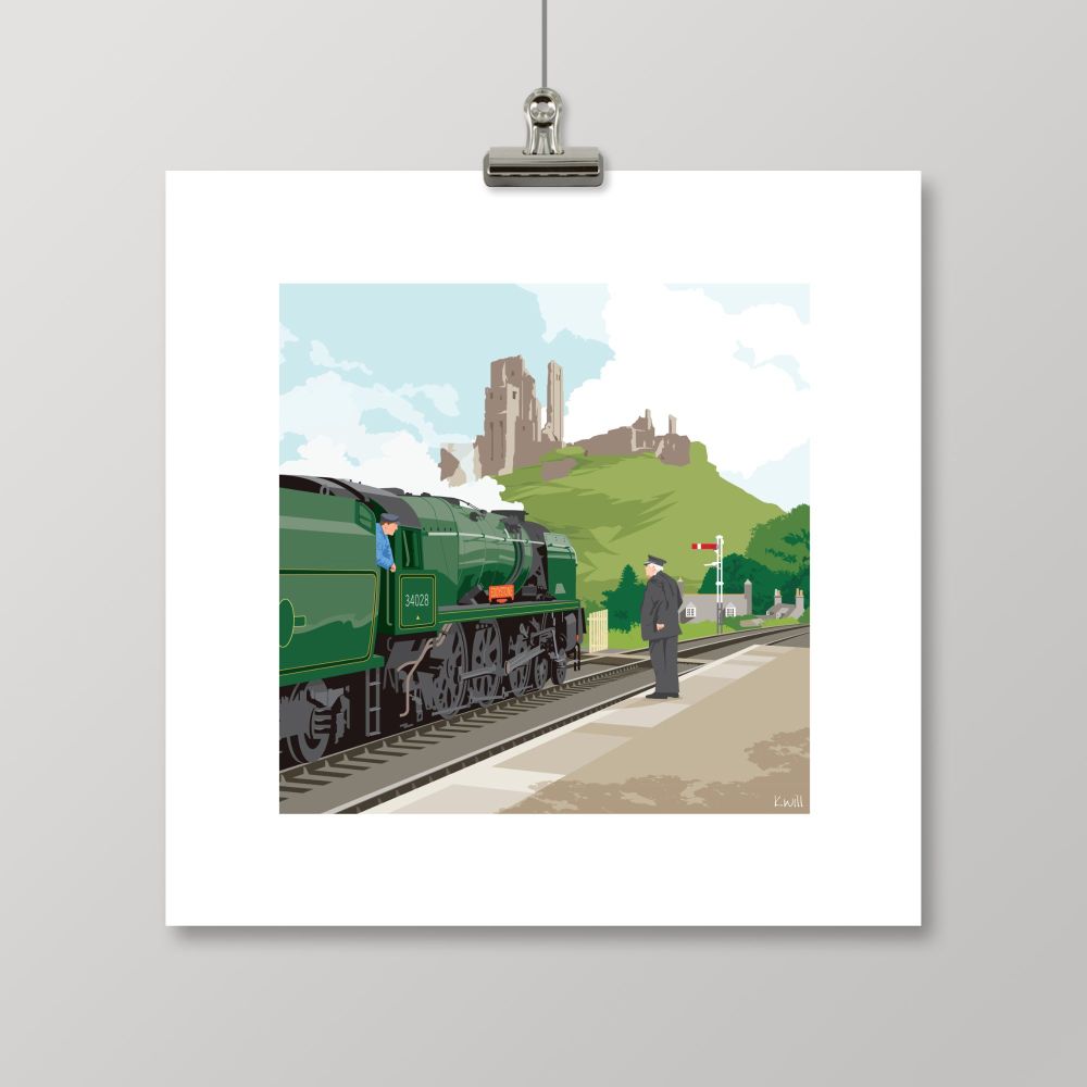 Steam train/Corfe castle card