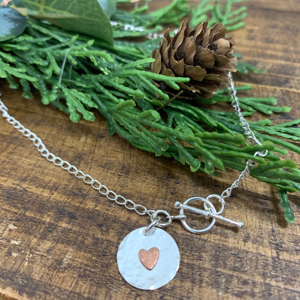 T-Bar Hammered Disc with Copper Heart Charm Necklace