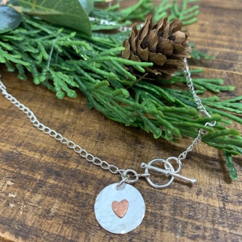 Hammered Disc with Copper Heart T-Bar Necklace