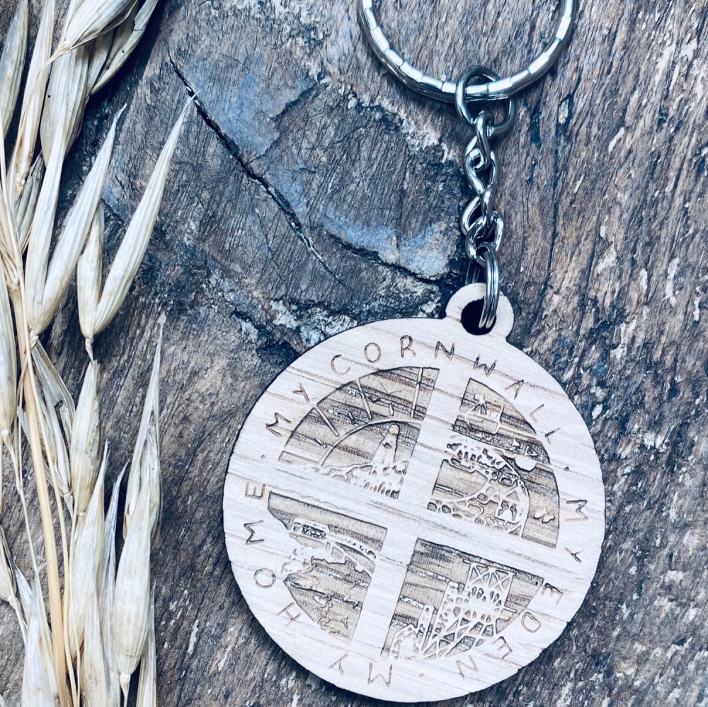 'Cornwall My Home' Wooden Keyring 