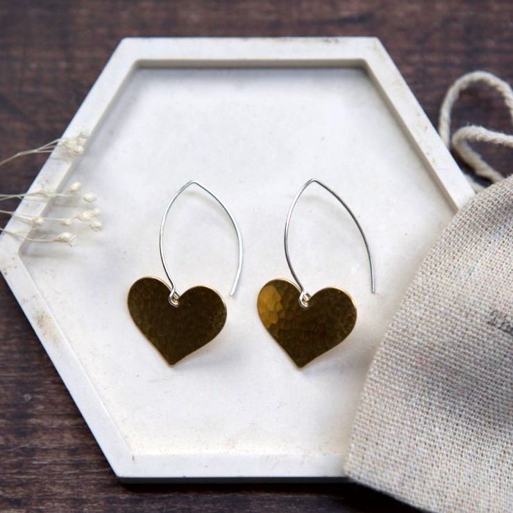 Large Hammered Heart Brass Earrings