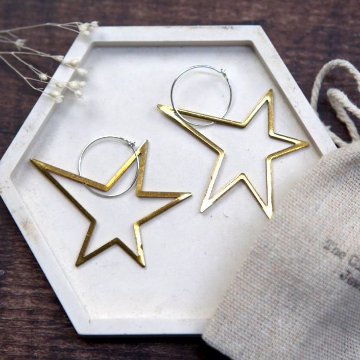 Large Open Star Brass Earrings
