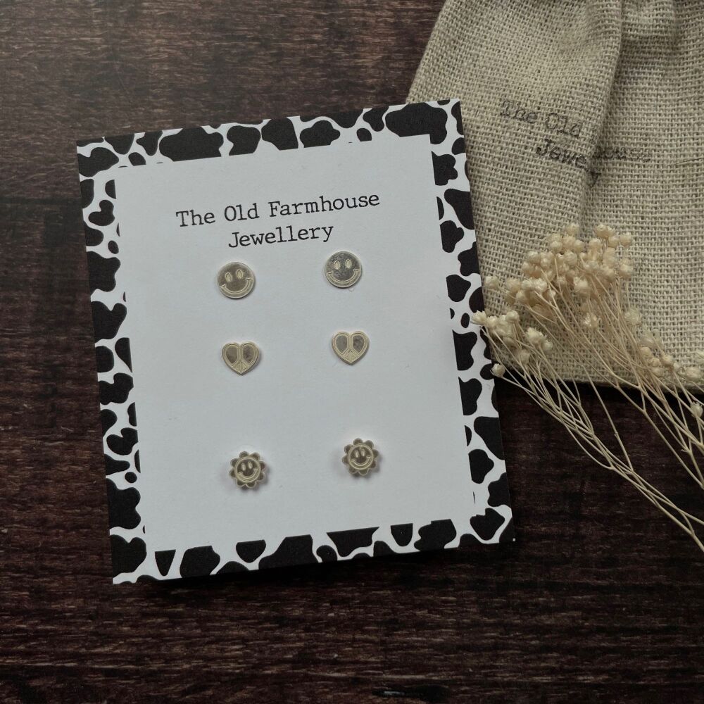 Pack Of Three Groovy Retro Stud Earrings