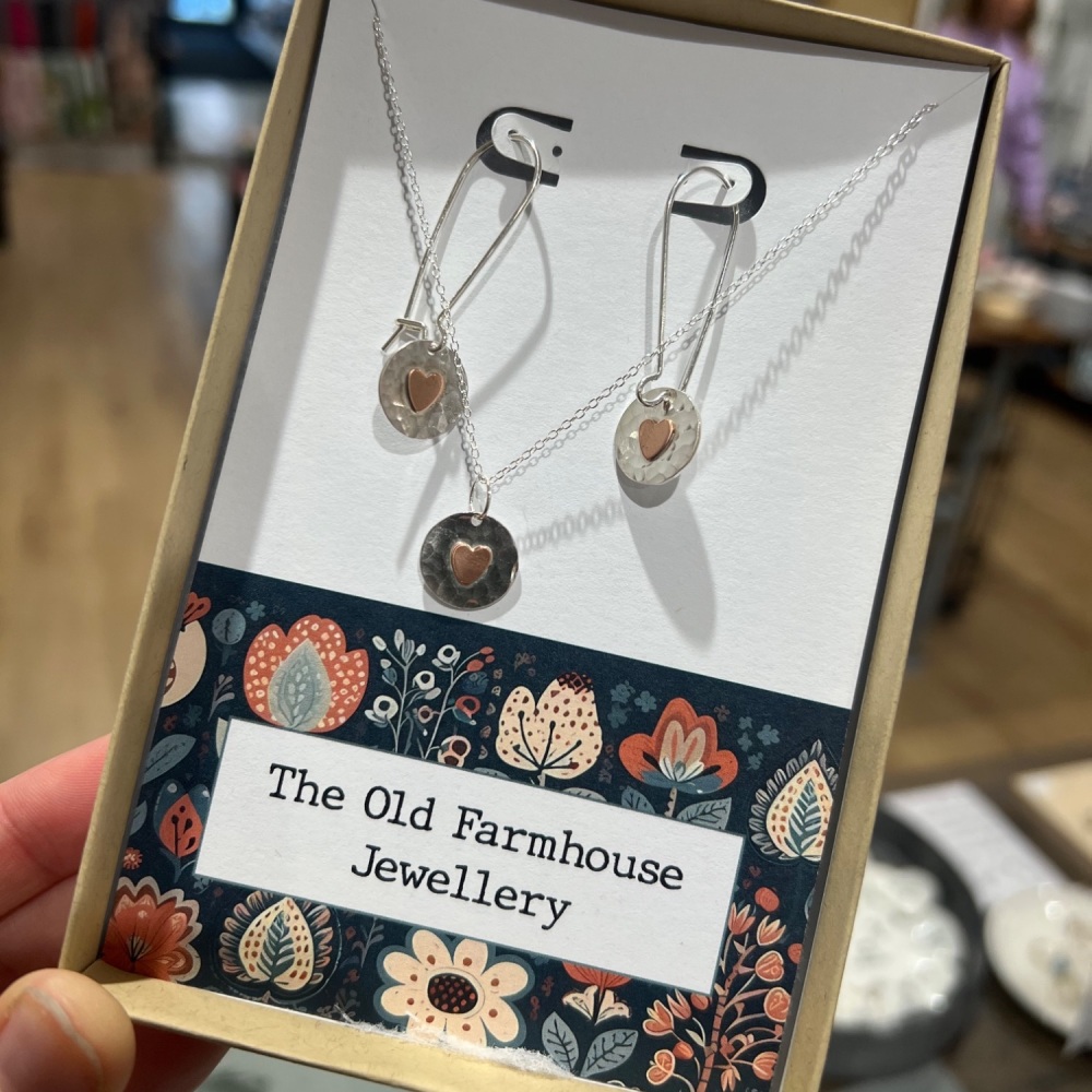 Gift Set - Sterling Silver and Copper Heart Disc Necklace