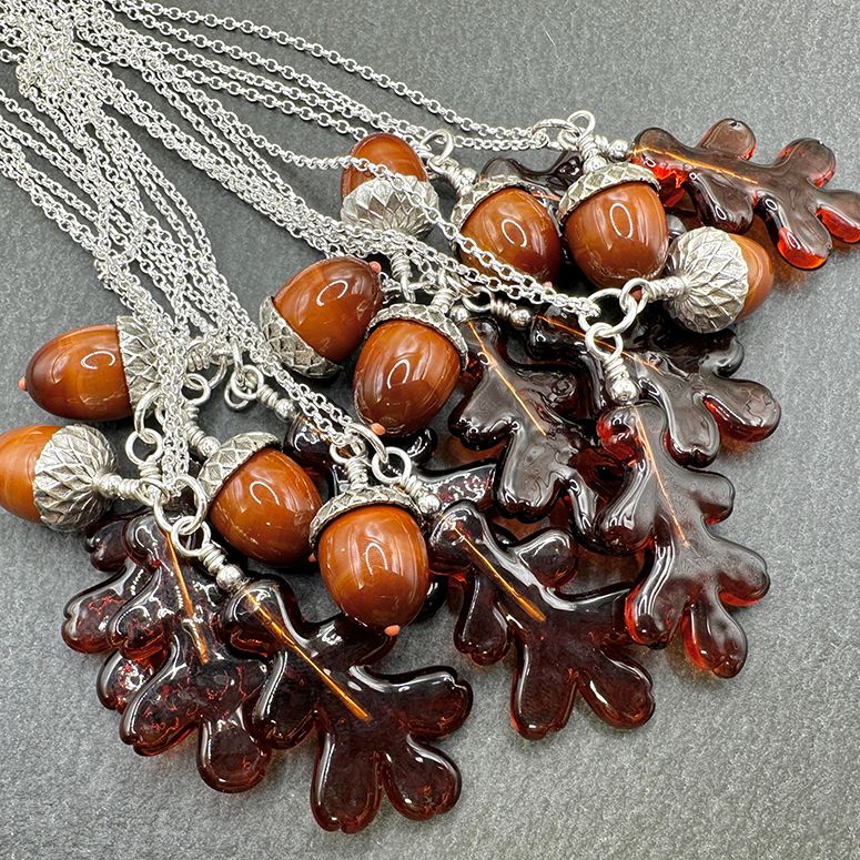 Lampwork glass 'Acorn & Oak Leaf' necklaces by Laura Sparling