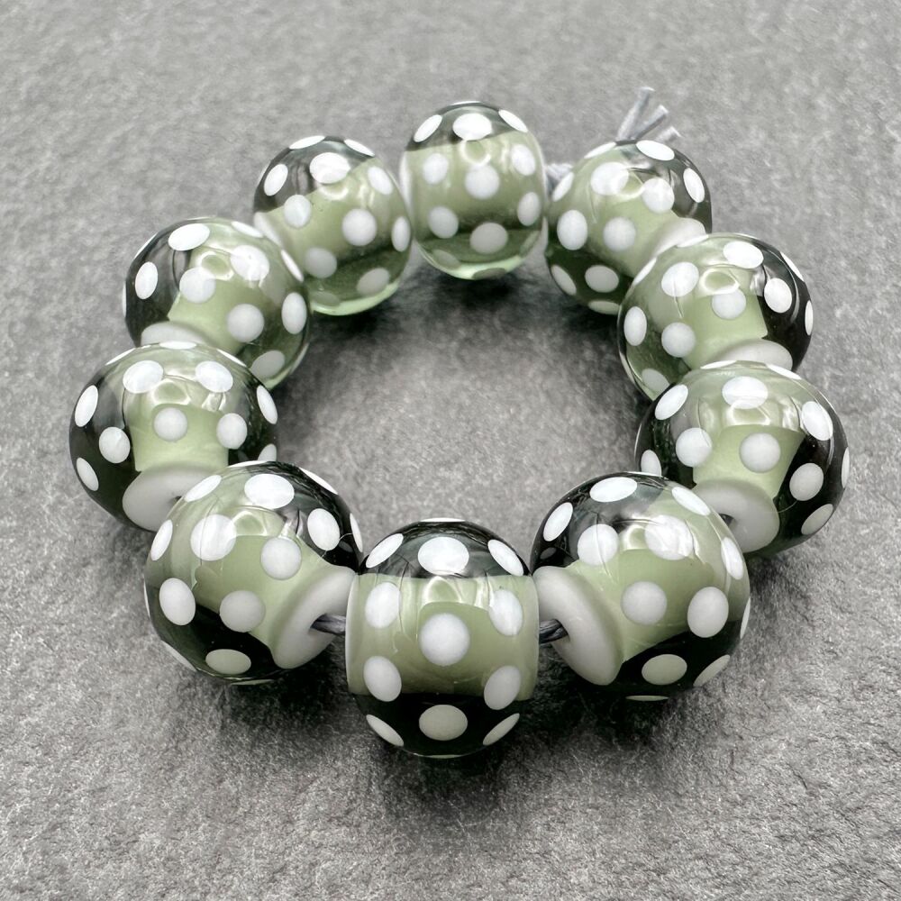 Polka Dot White Hearts - Green-Grey