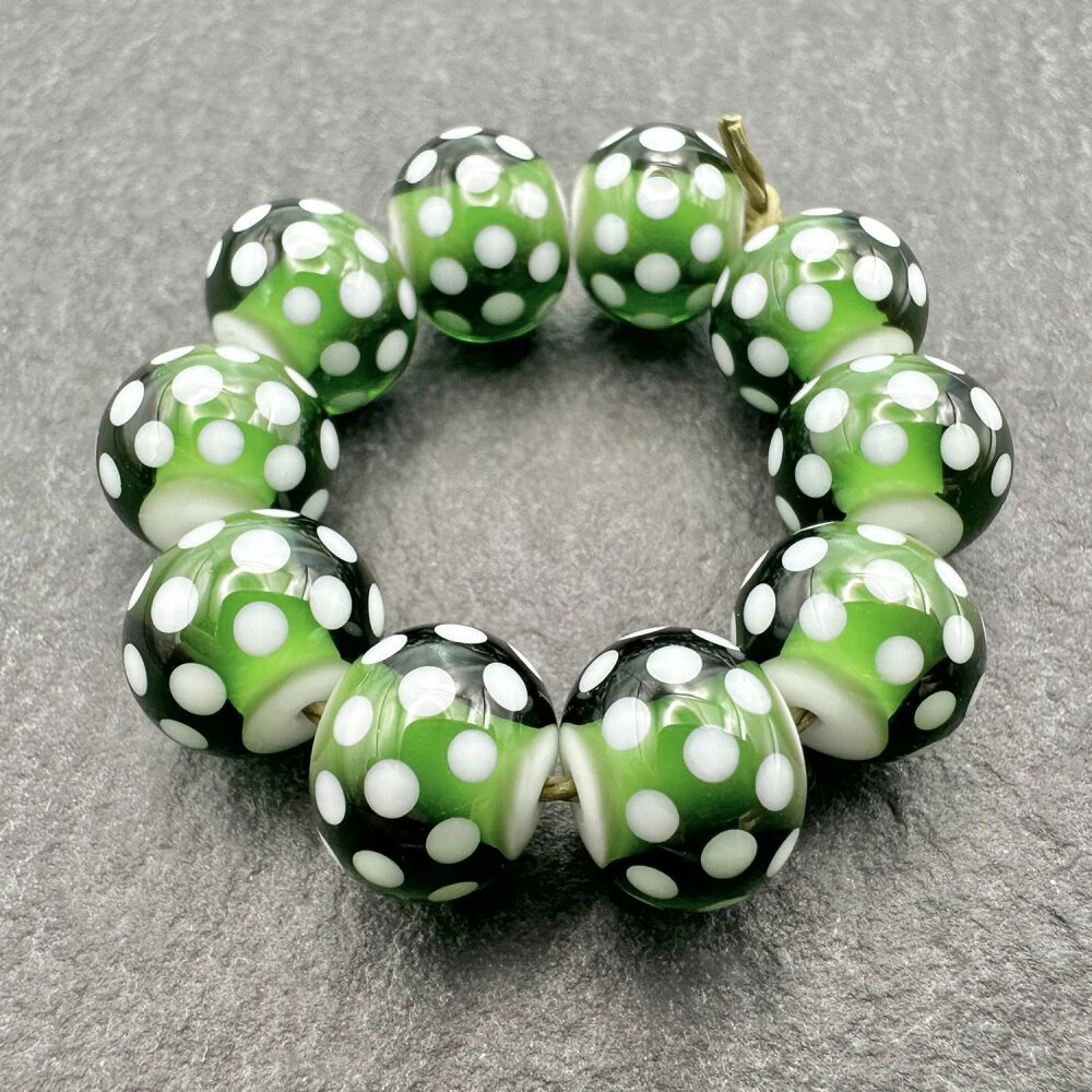 Polka Dot White Hearts - Forest Green
