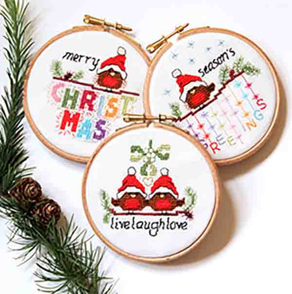 KIT OR CHART - Christmas Robins - set 2 - Live laugh love, Merry Christmas 
