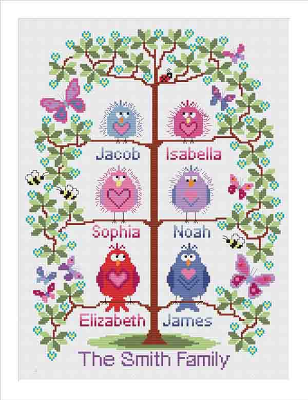 Family tree cross stitch for 6 - cute birds easy stitch fun modern design, anniversary / welcome a new baby - pattern PDF - INSTANT D