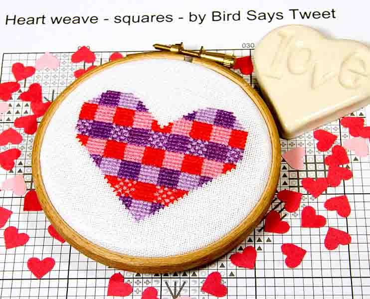 Heart weave - squares - by Bird Says Tweet - Paintbox Collection - easy stitch fun modern design for beginners, anniversary, wedding,