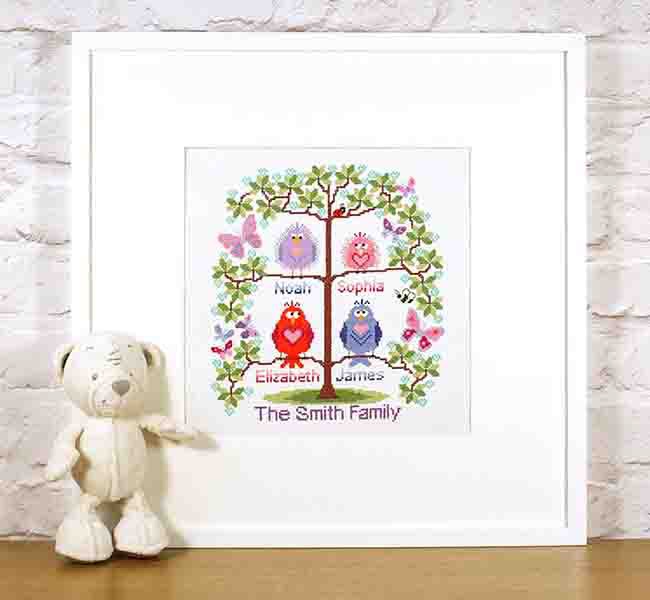Family tree cross stitch for 4 - cute birds easy stitch fun modern design, anniversary / welcome a new baby - pattern PDF - INSTANT D