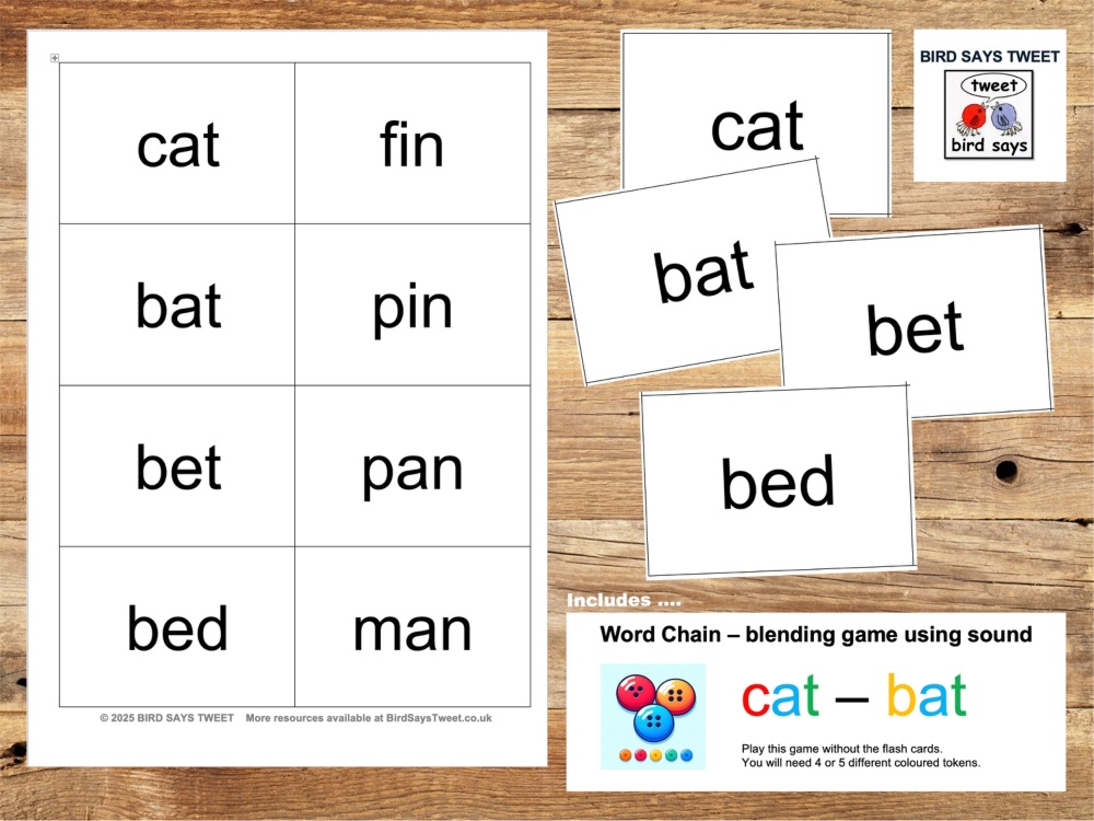 Blending CVC words   SET 1: cat – bat  ‘Word Chain’ 24 flash cards – with 5 games - PDF Digital Download