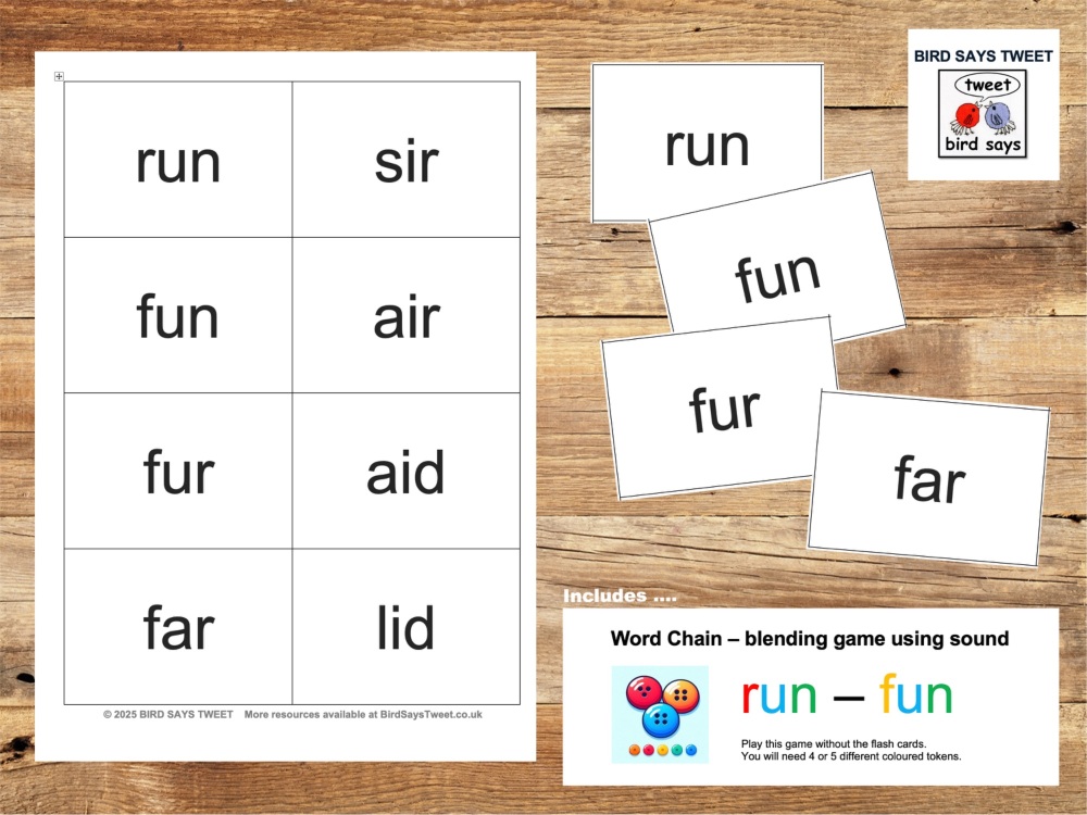 Blending CVC* words   SET 3: run - fun  ‘Word Chain’ 24 flash cards – with 5 games - PDF Digital Download