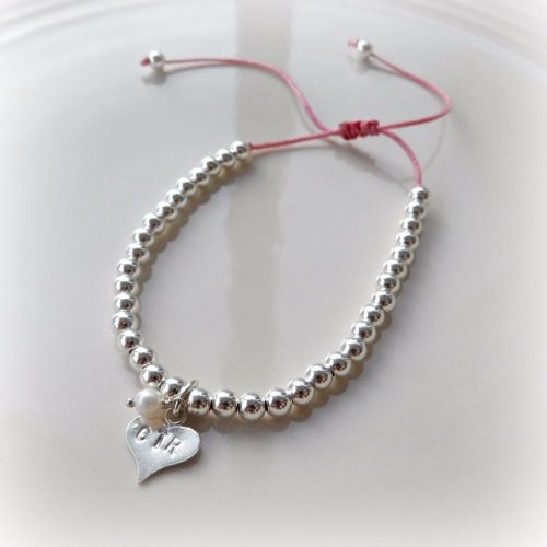 Silver Bead Friendship Bracelet 4mm With Personalised Ctr Heart Charm Silver Bead Friendship Bracelet 4mm With Personalised Ctr Heart Charm