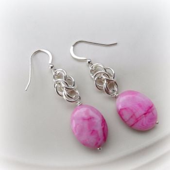 Pink Crazy Lace Agate Chainmaille Earrings